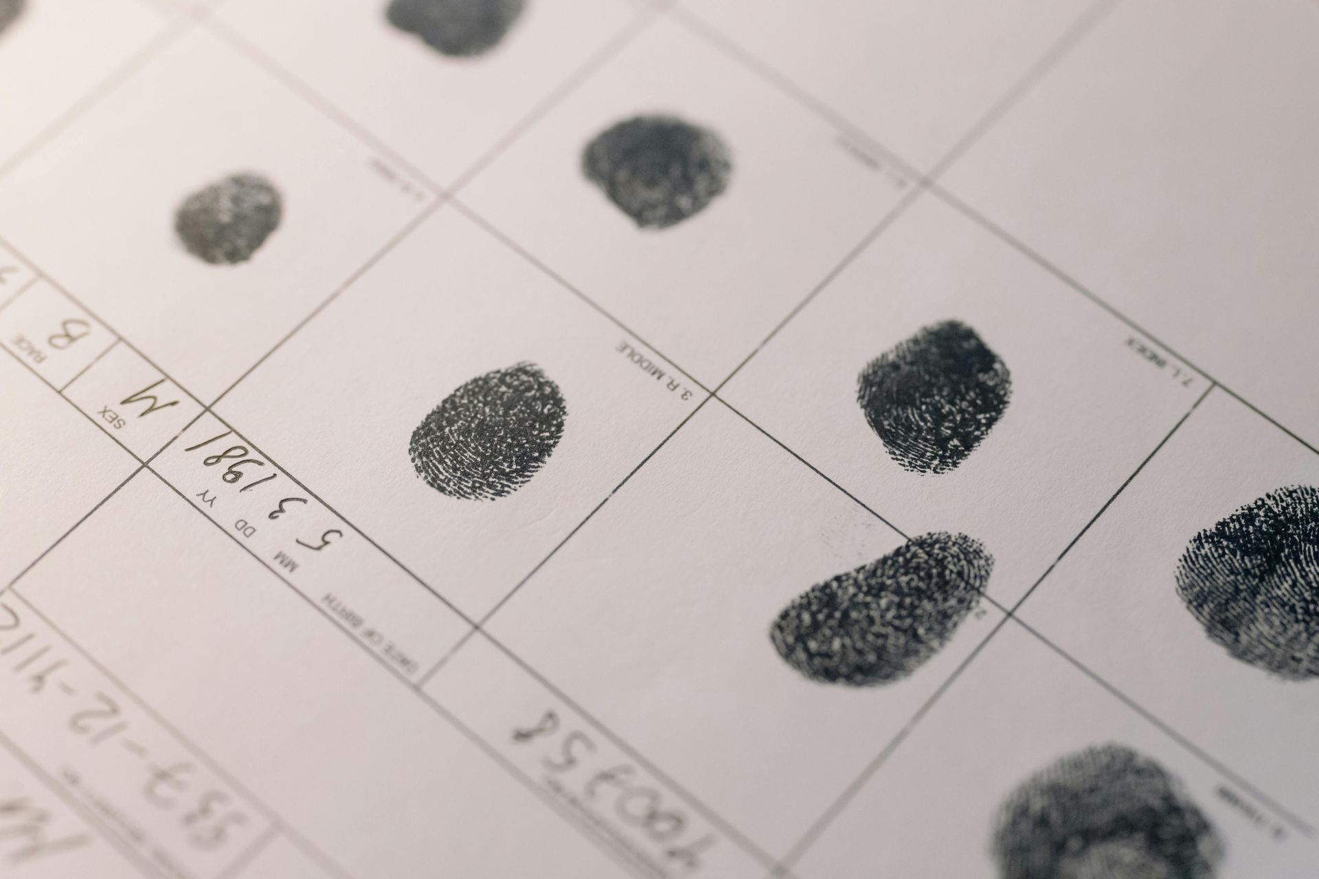 Fingerprints on a white fingerprint card with grid lines and identification information.