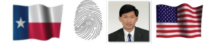 Texas flag, fingerprint, man in suit, and American flag.